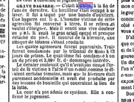 Extrait du Journal de Bruxelles d'avril 1891 détaillant la condamnation en appel pour la grave bagarre de Ghlin.