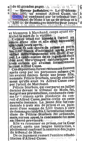 Coupure de presse du Courrier de l'Escaut du 8 juin 1894 résumant l'erreur judiciaire de Ghlin et la condamnation finale de Félicie Sturbois.