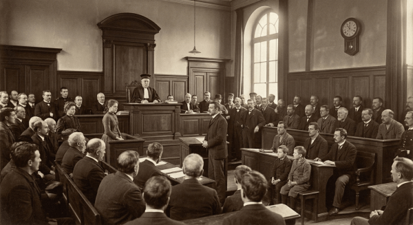 Illustration générée par l'ia sépia de style XIXe siècle montrant un procès bondé devant le tribunal correctionnel avec le juge, les prévenus, les témoins enfants et le public.