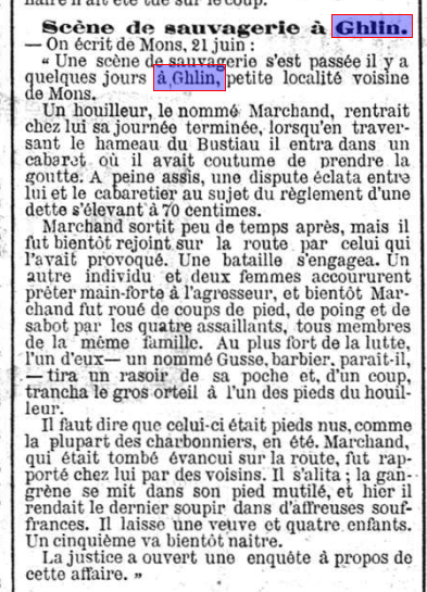 Coupure de presse du journal La Meuse du 23 juin 1890 intitulée Scène de sauvagerie à Ghlin décrivant le drame d'Aimable Marchand.