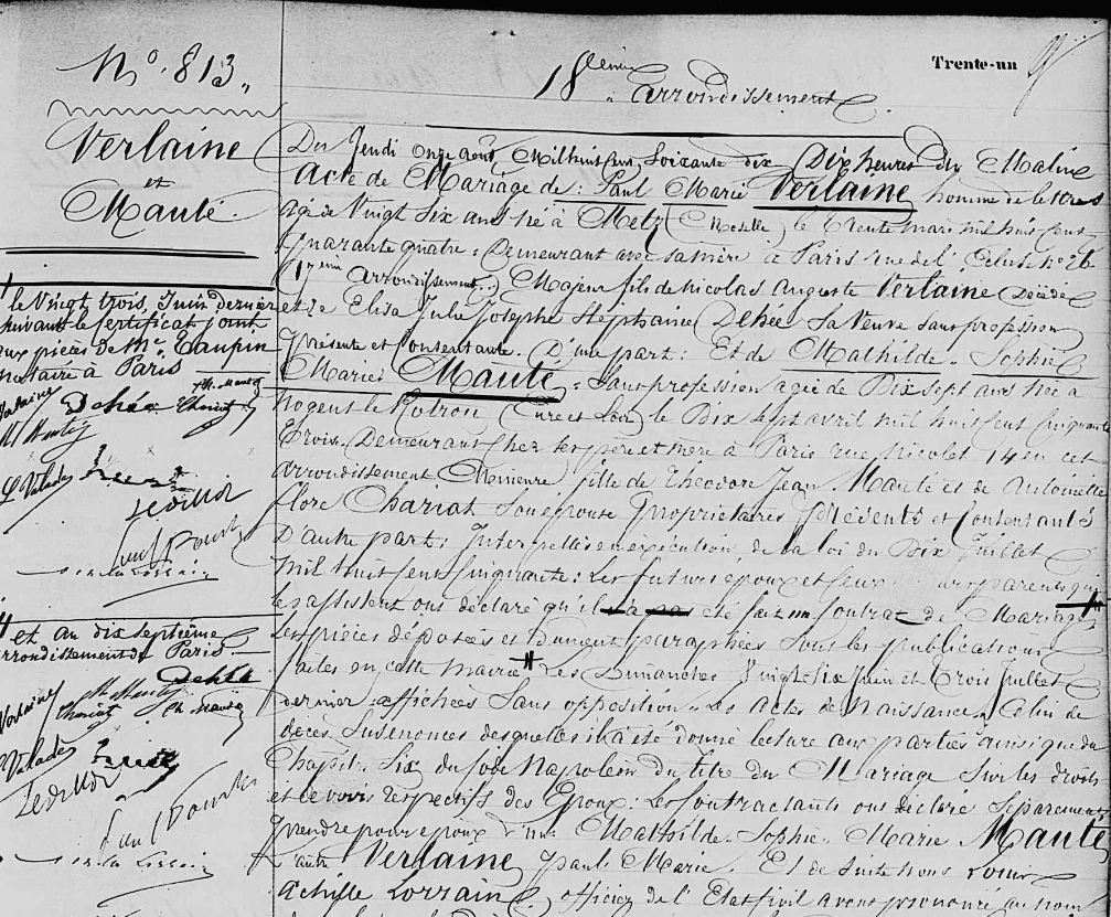 Registre d'état civil du 18e arrondissement de Paris montrant l'acte de mariage de Paul Verlaine et Mathilde Mauté