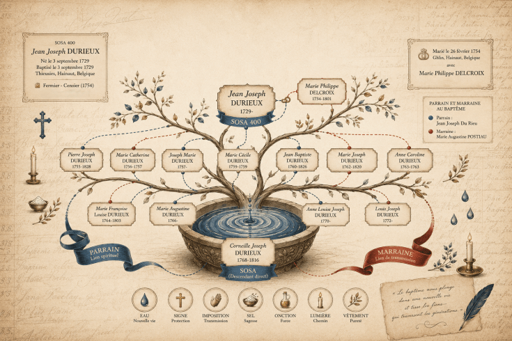 Infographie généalogique en forme d'arbre illustrant les liens de parrainage et de transmission des prénoms pour la famille Durieux au XVIIIe siècle, autour d'une cuve baptismale et des symboles du rituel chrétien.